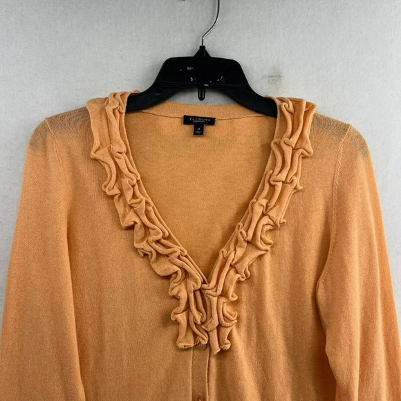 Talbots Cardigan Womens Sz M Orange Sweater Ruffle V Neck Wool Blended Button Up - Picture 6 of 12